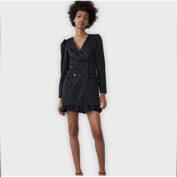 Zara Black Polka Dot Blazer Dress with Ruffle - Picture 1 of 8